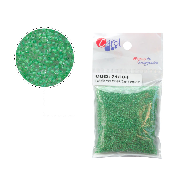 Mostacilla china 11/0-2.0-2.5mm transparent green x 50 g