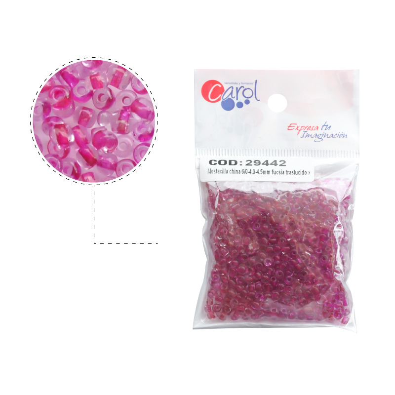 Mostacilla china 6/0-4.0-4.5mm fucsia traslucido x 50g