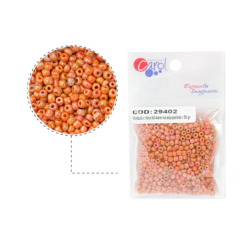 Mostacilla china 6/0-4mm naranja perlado x 50 grs