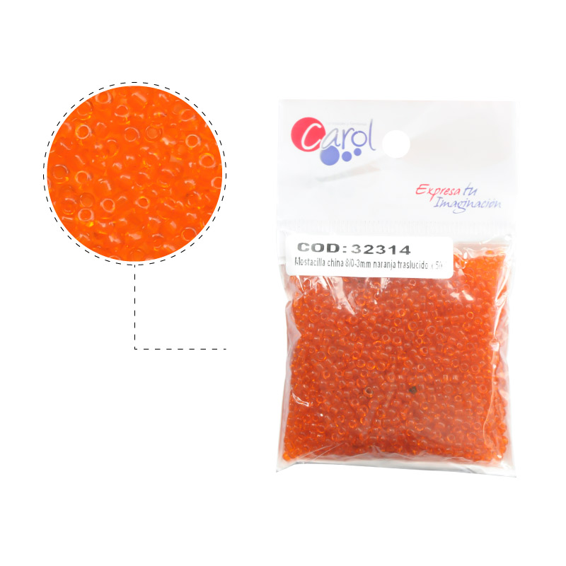 Mostacilla china 8/0-3mm naranja traslucido x 50g