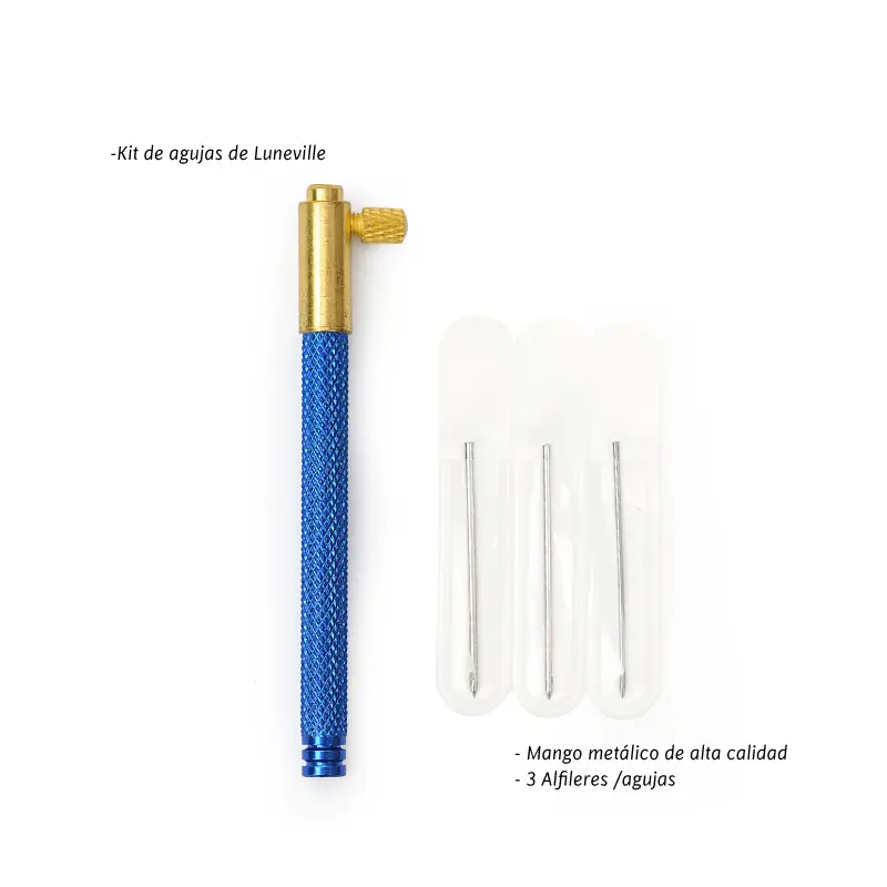 Kit de Agunas bordado luneville 0.8mm, 1mm y 1.2mm (mango azul)