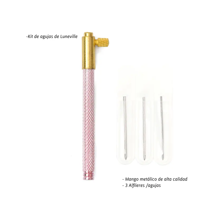 Kit de Agunas bordado luneville 0.8mm, 1mm y 1.2mm (mango rosado