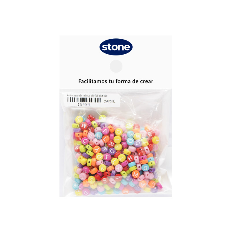 Acrilico separador redondo tutty fruti letras blancas 6.5mm x 50g