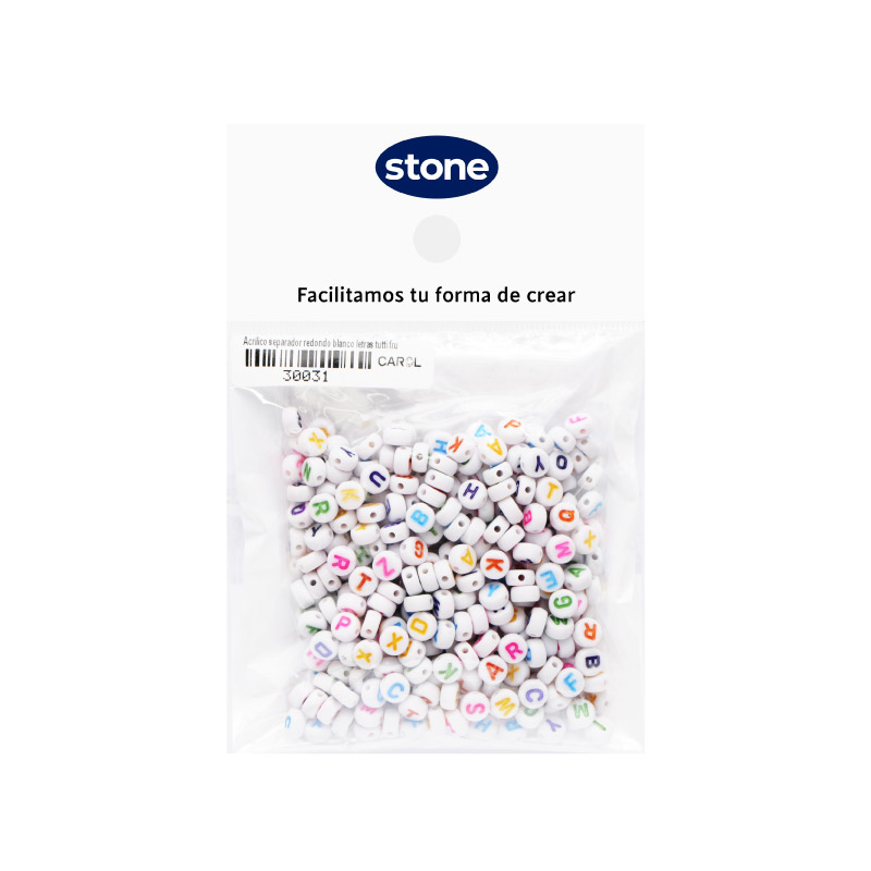 Acrilico separador redondo blanco letras tutti fruti 6.5mm x 50g