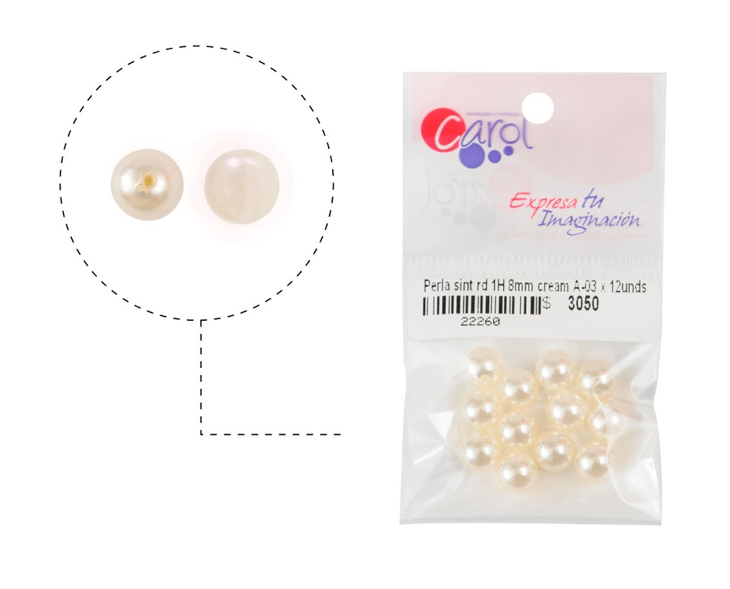 Perla sintetica redonda 1H 8mm cream A-03 x 12unds