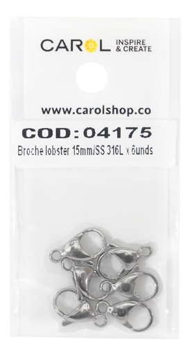 [04175] Broche lobster 15mm/SS 316L x 6 Unidades