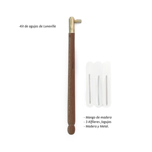 [01252] Kit de Agunas bordado luneville 0.8mm, 1mm y 1.2mm (mango cafe)